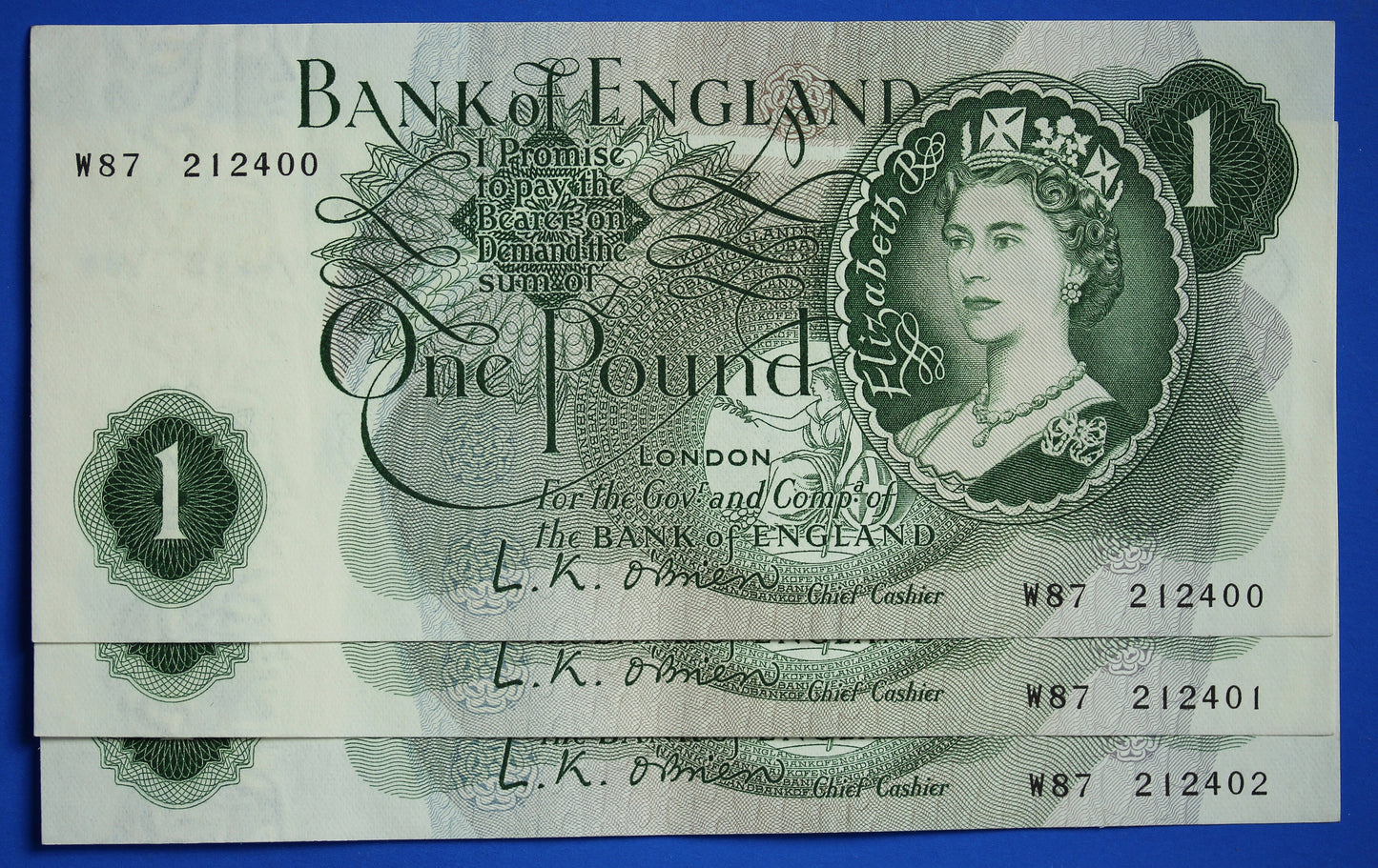 3x 1960 Bank of England One pound 1 pound, O'Brien "W87" Elizabeth II banknotes CONSECUTIVE   [06/24 30228]