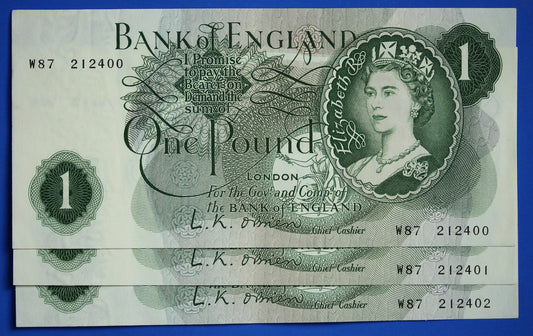 3x 1960 Bank of England One pound 1 pound, O'Brien "W87" Elizabeth II banknotes CONSECUTIVE   [06/24 30228]