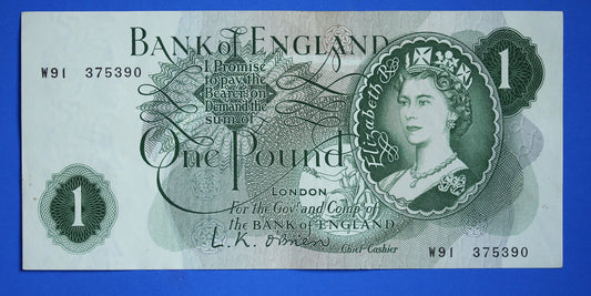 1960 Bank of England One pound 1 pound, O'Brien "W91" Elizabeth II banknote   [06/24 30236]