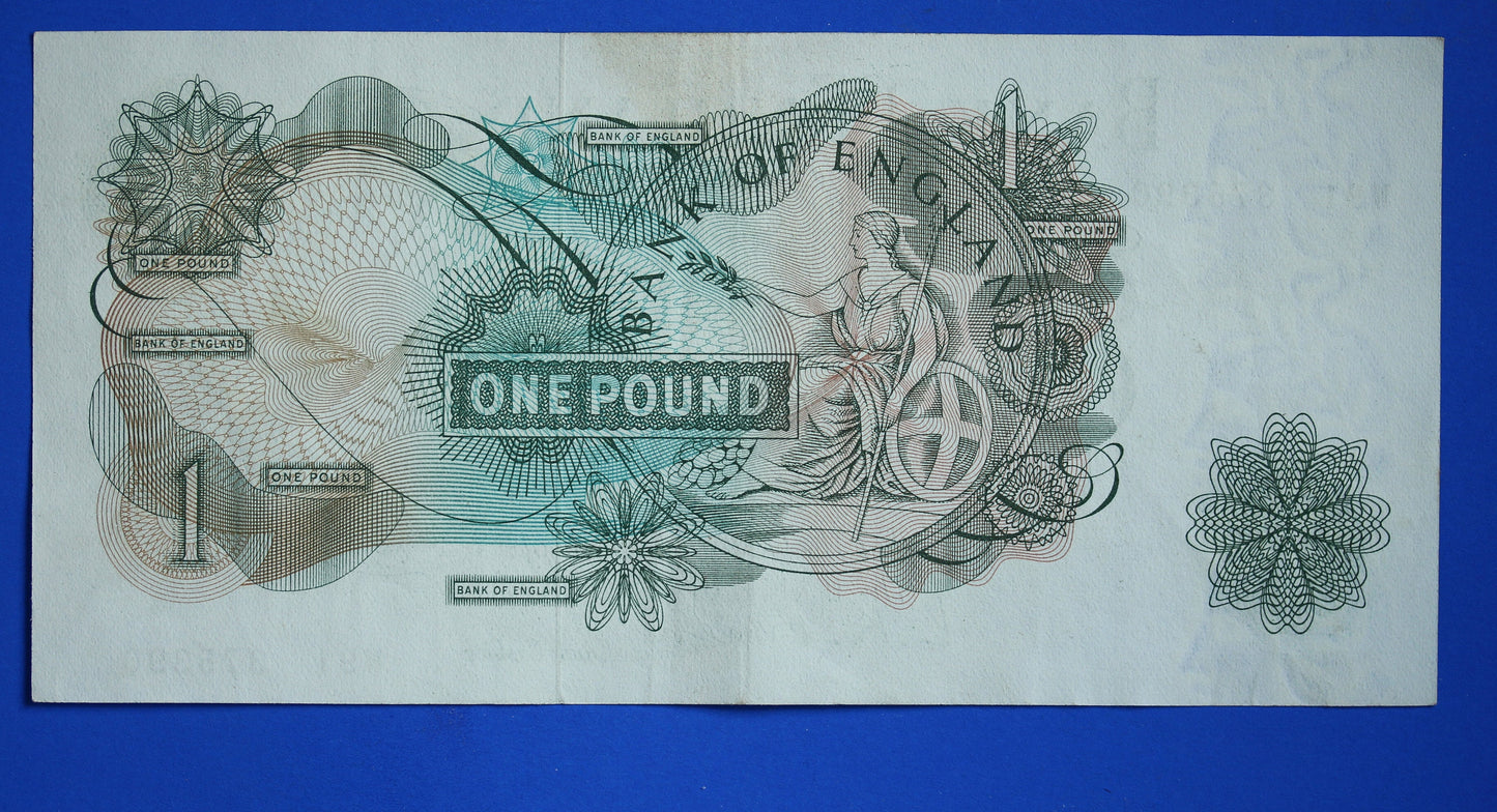 1960 Bank of England One pound 1 pound, O'Brien "W91" Elizabeth II banknote   [06/24 30236]