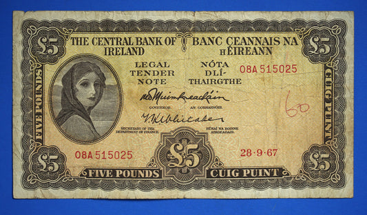 1967 Central Bank of Ireland, Five 5 Pound, Five 5 Punt Irish EIRE Lady Lavery banknote [R07/25 30597]