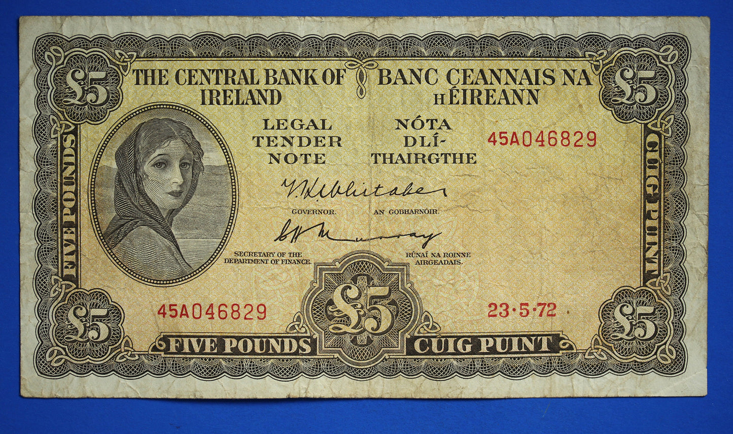 1972 Central Bank of Ireland, Five 5 Pound, Five 5 Punt Irish EIRE Lady Lavery banknote [07/24 30598]