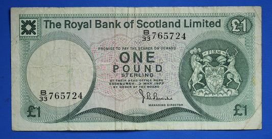1977 Royal Bank of Scotland Ltd One Pound Banknote, Scottish Banknote, Edinburgh Castle   [07/24 30604]