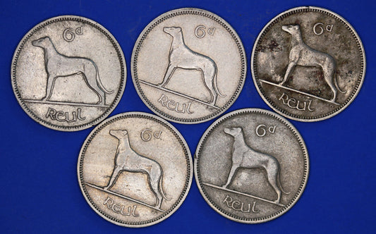 GENUINE 5 Irish Sixpences 6d Ireland EIRE Irish Wolfhound coins, various dates [R08/25 30756]