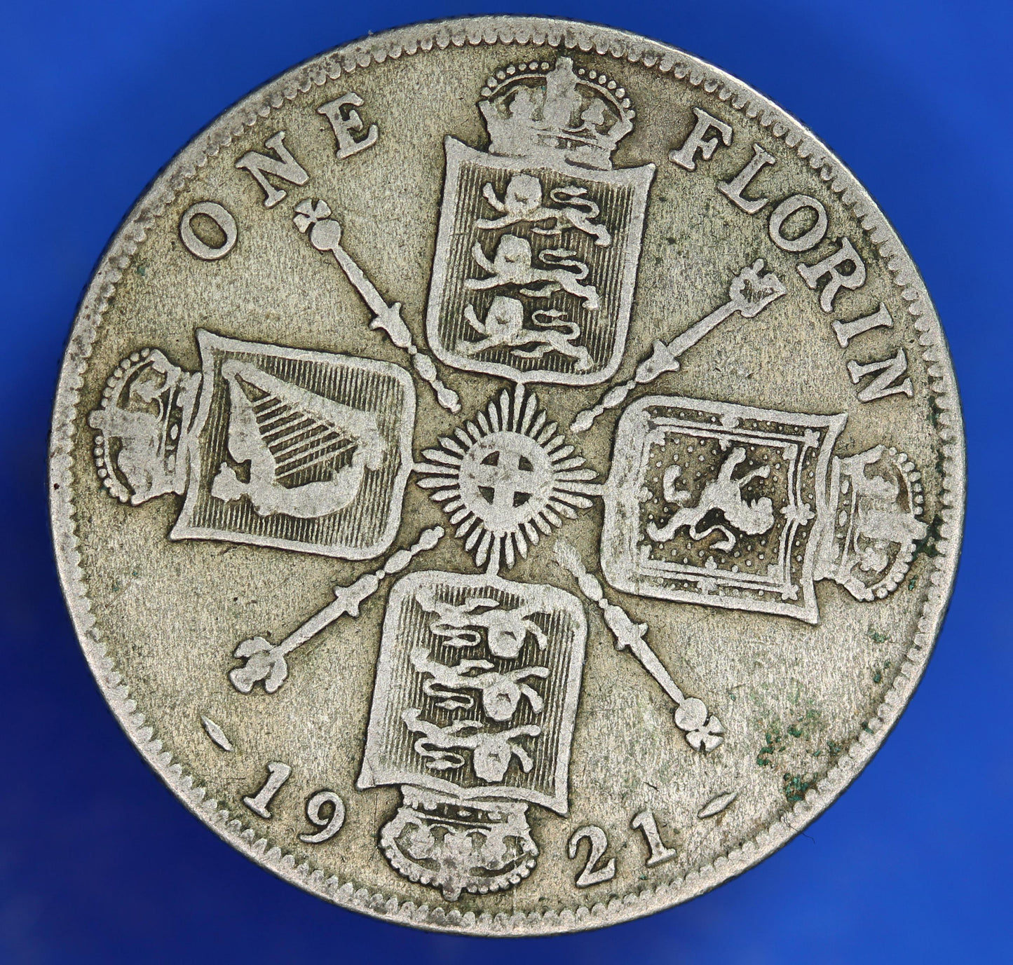 GENUINE British Coin -  1921 George V florin, two shillings, 50% silver coin  [08/24 30789]