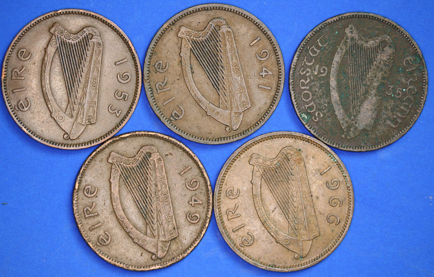 GENUINE Collection 5 Irish Half Penny Pennies 1/2d EIRE Ireland coins, different dates, Sow & Piglets [08/24 30760]