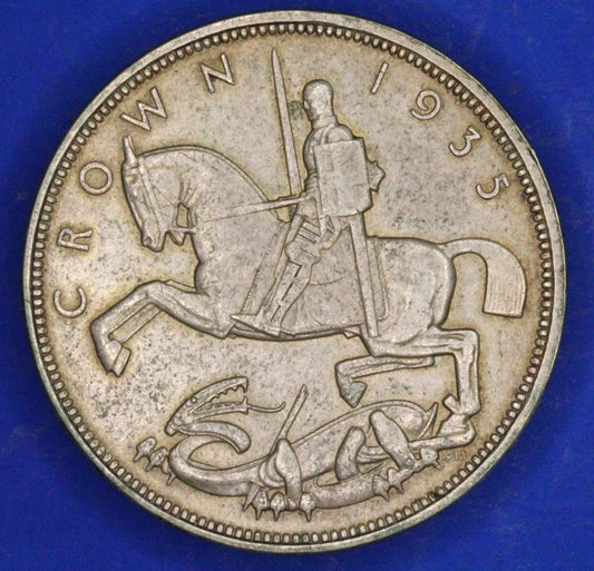 GENUINE British Coin -  1935 George V Rocking Horse Crown, five shillings, Silver 500 coin  [10/24 31073]
