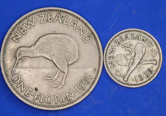 GENUINE - George VI  Elizabeth II New Zealand threepence 3d & florin coins    [R10/25 31132]