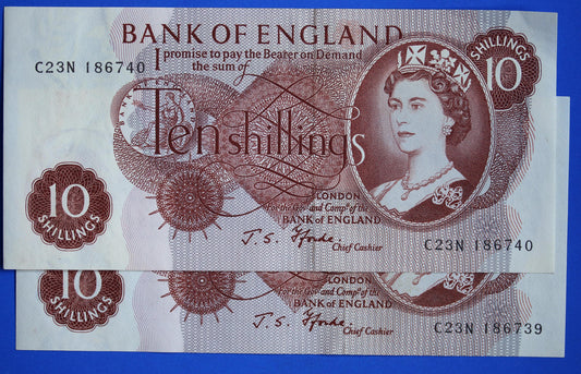 2x 1967 Bank of England  10 shillings Fforde Prefix "C23N" banknote, Elizabeth II, Consecutive Numbers           [10/24 27222]