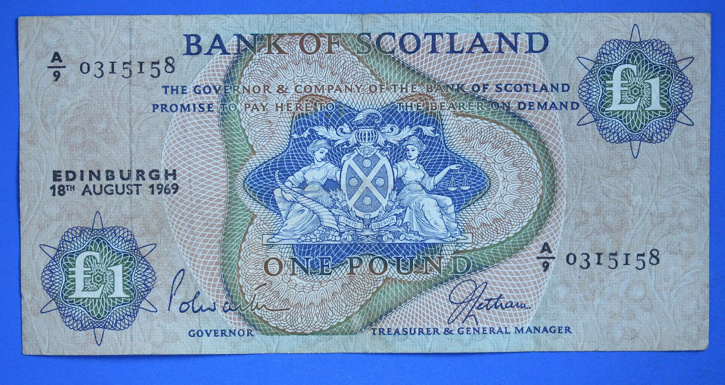 1969 Bank of Scotland One Pound Banknote, Scottish Banknote   [10/24 31056]