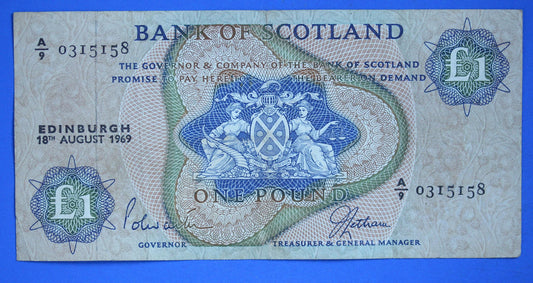 1969 Bank of Scotland One Pound Banknote, Scottish Banknote   [10/24 31056]
