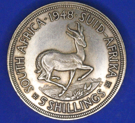 GENUINE - 1948 George VI South Africa 5 Shillings Crown, 92.5% silver Coin     [R10/25 31078]