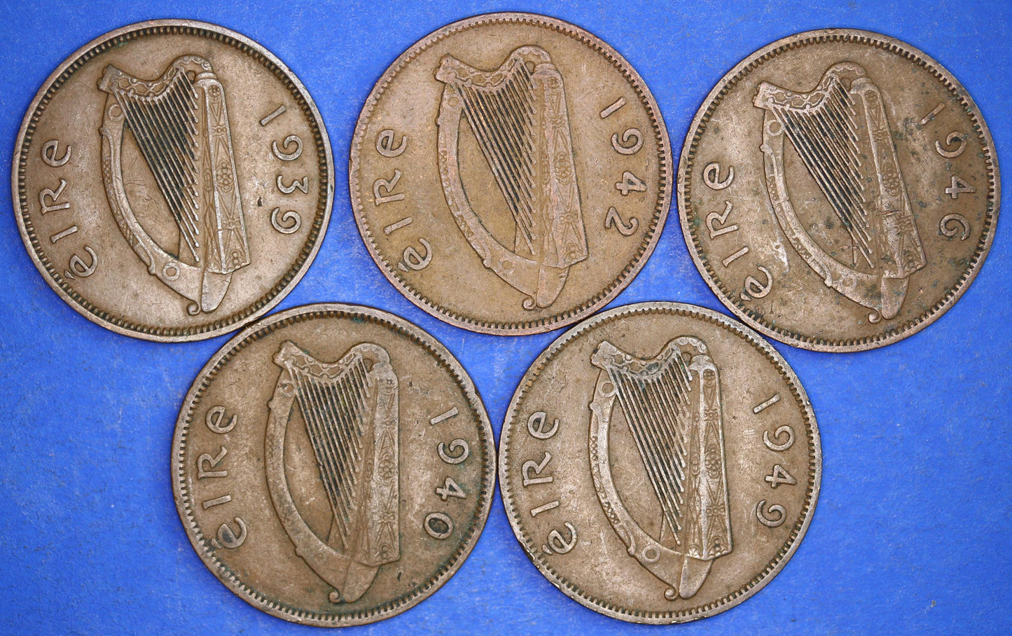 GENUINE Collection 5 Irish Half Penny Pennies 1/2d EIRE Ireland coins, different dates, Sow & Piglets [11/24 31403]