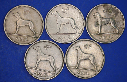 GENUINE 5 Irish Sixpences 6d Ireland EIRE Irish Wolfhound coins, various dates [11/24 31409]