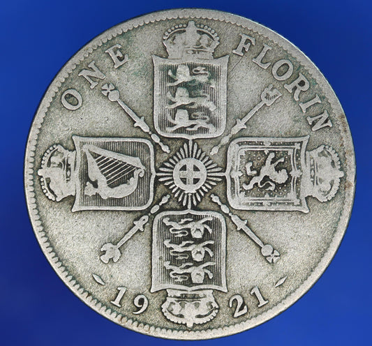 GENUINE British Coin -  1921 George V florin Two Shillings, 50% silver coin  [11/24 31282]