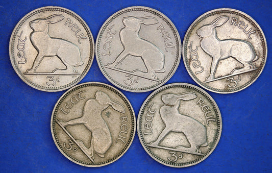 GENUINE 5 Irish Threepences 3d Ireland EIRE, Irish Hare coins, various dates [11/24 31422]