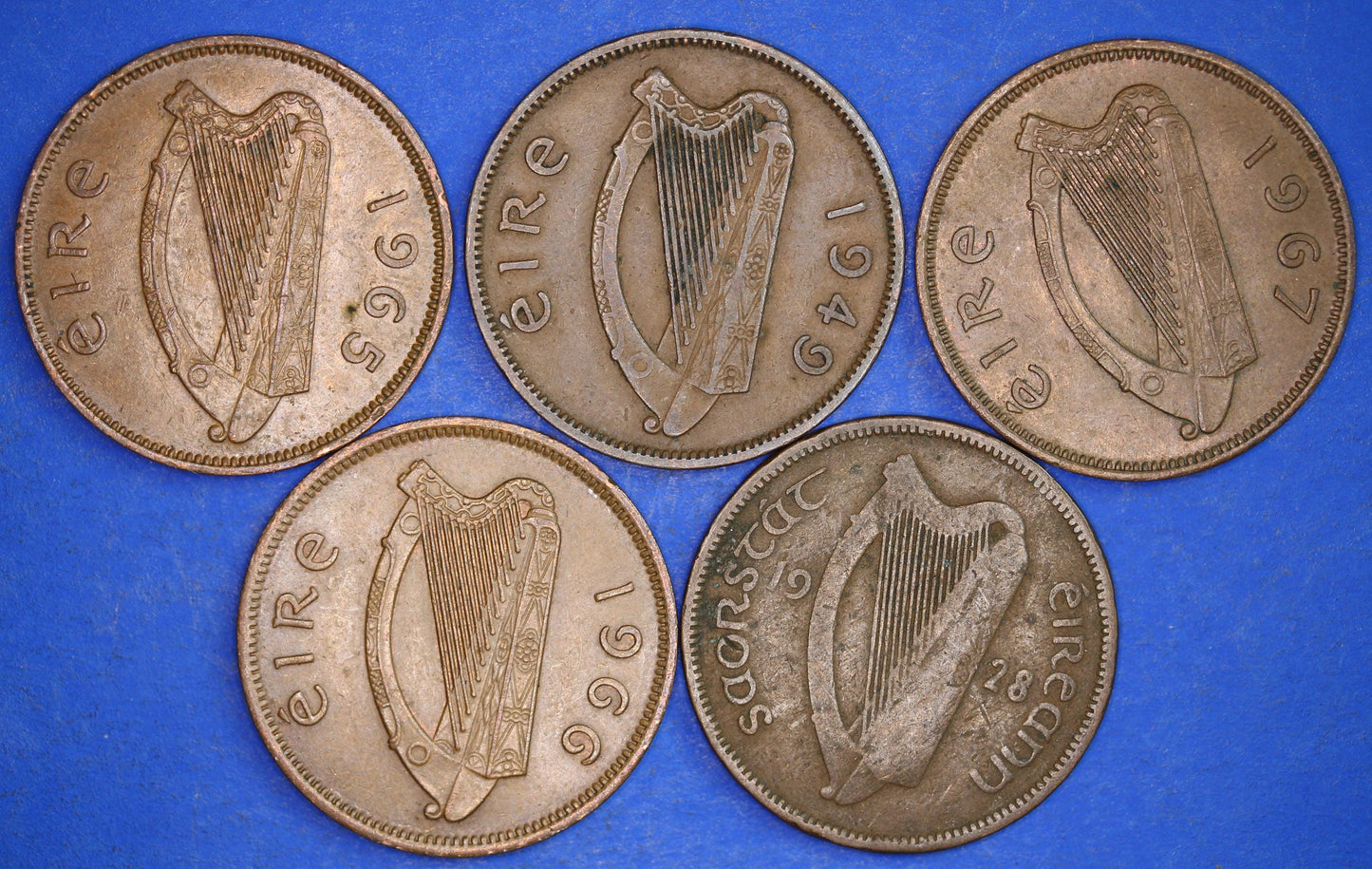 GENUINE Collection 5 Irish Half Penny Pennies 1/2d EIRE Ireland coins, different dates, Sow & Piglets [11/24 31404]
