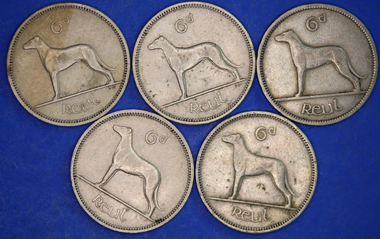 GENUINE 5 Irish Sixpences 6d Ireland EIRE Irish Wolfhound coins, various dates [11/24 31410]
