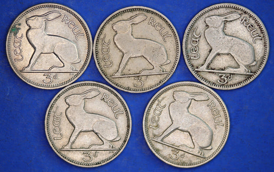 GENUINE 5 Irish Threepences 3d Ireland EIRE, Irish Hare coins, various dates [11/24 31423]