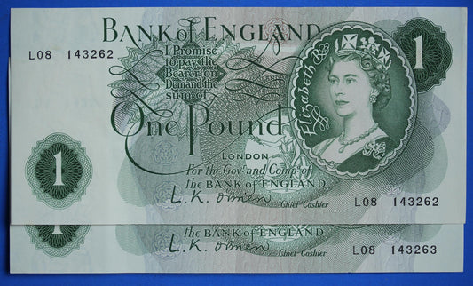 2x 1960 Bank of England One pound 1 pound, O'Brien "L08" Elizabeth II banknotes CONSECUTIVE   [12/24 31543]