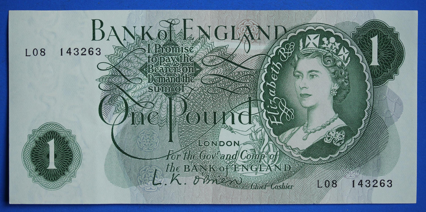 2x 1960 Bank of England One pound 1 pound, O'Brien "L08" Elizabeth II banknotes CONSECUTIVE   [12/24 31543]