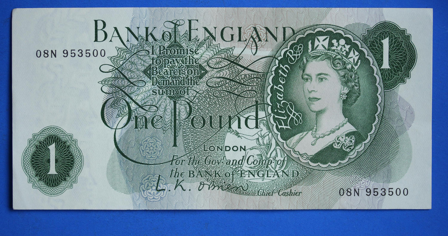 1960 Bank of England One pound 1 pound, O'Brien "08N" Elizabeth II banknote   [12/24 31542]