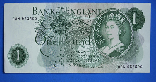 1960 Bank of England One pound 1 pound, O'Brien "08N" Elizabeth II banknote   [12/24 31542]