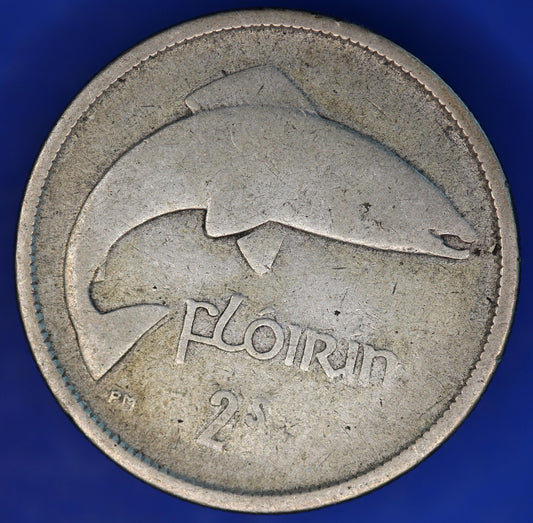 GENUINE 1928 Irish florin two shillings Ireland EIRE coin, Salmon Coin, 75% silver [12/24 31594]