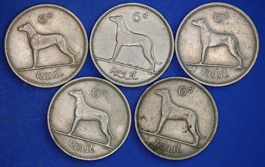 GENUINE 5 Irish Sixpences 6d Ireland EIRE Irish Wolfhound coins, various dates [01/25 31720]