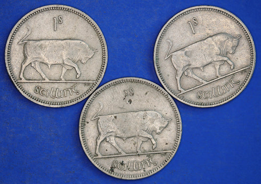 GENUINE 3x Irish shillings Ireland EIRE coins, Various Dates, Bull Coins [01/25 31721]