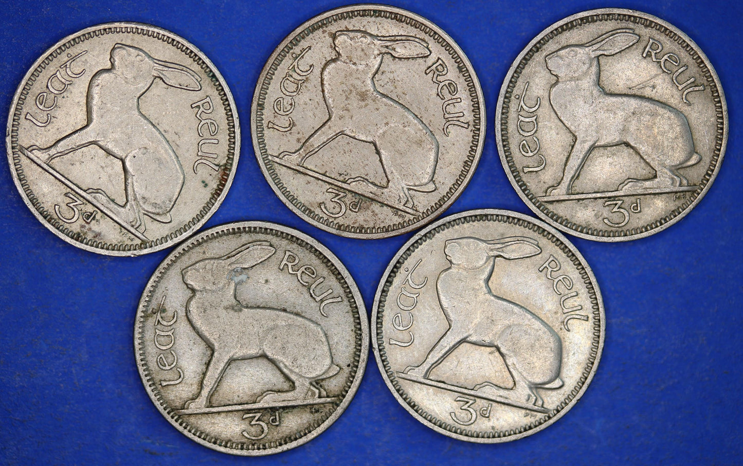 GENUINE 5 Irish Threepences 3d Ireland EIRE, Irish Hare coins, various dates [01/25 31727]