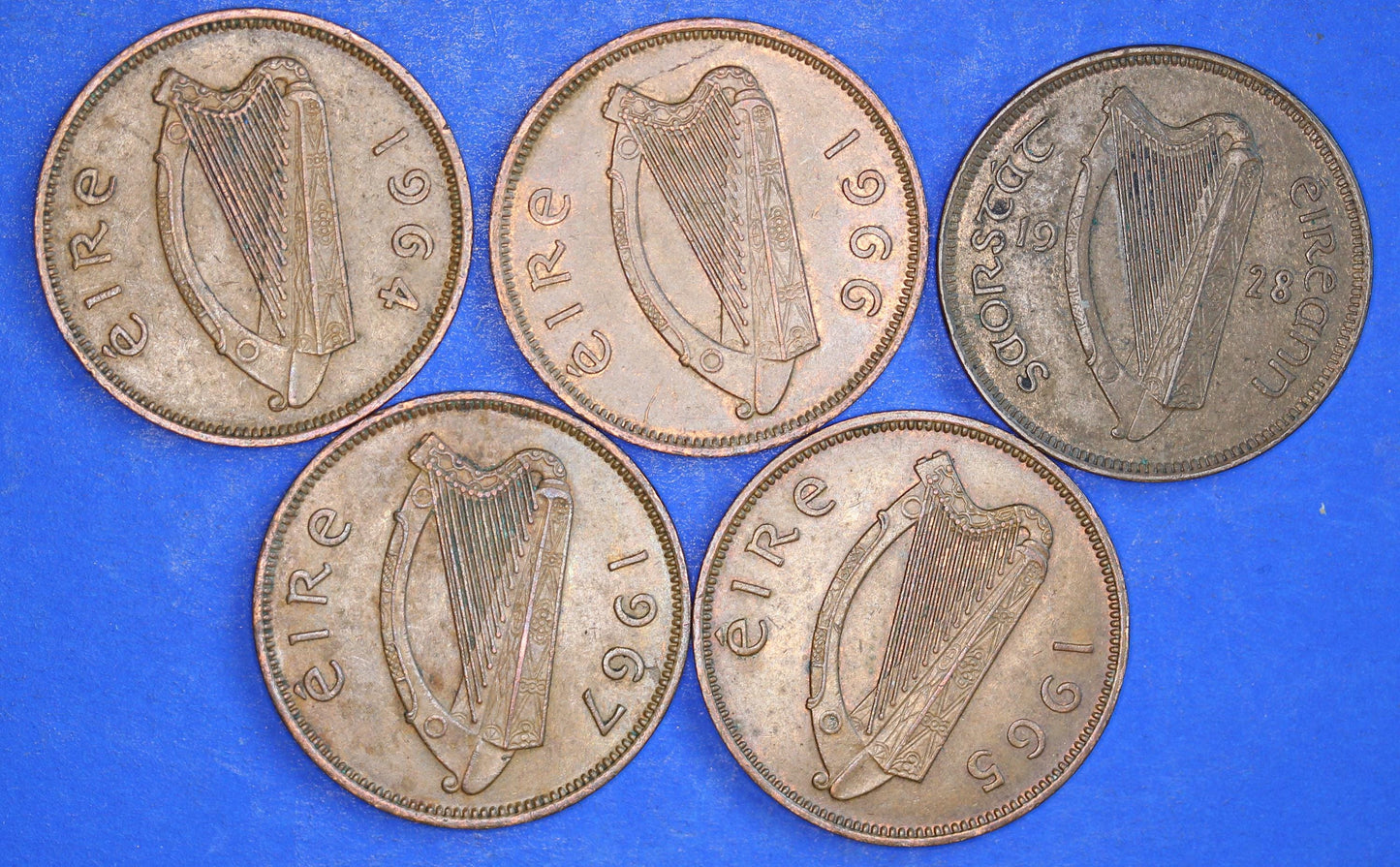 GENUINE Collection 5 Irish Half Penny Pennies 1/2d EIRE Ireland coins, different dates, Sow & Piglets [12/24 31692]