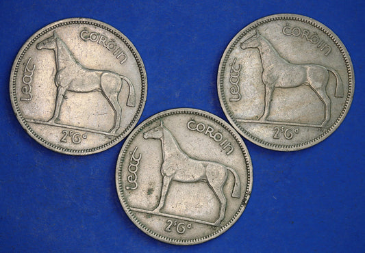 GENUINE 3 Irish Half Crowns 2/6 Ireland EIRE coins, Irish Hunter, various dates [12/24 31705]