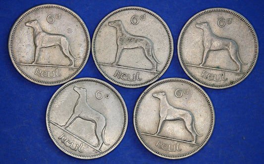 GENUINE 5 Irish Sixpences 6d Ireland EIRE Irish Wolfhound coins, various dates [01/25 31717]