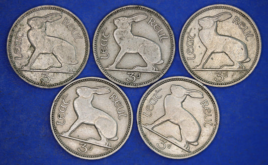 GENUINE 5 Irish Threepences 3d Ireland EIRE, Irish Hare coins, various dates [01/25 31730]