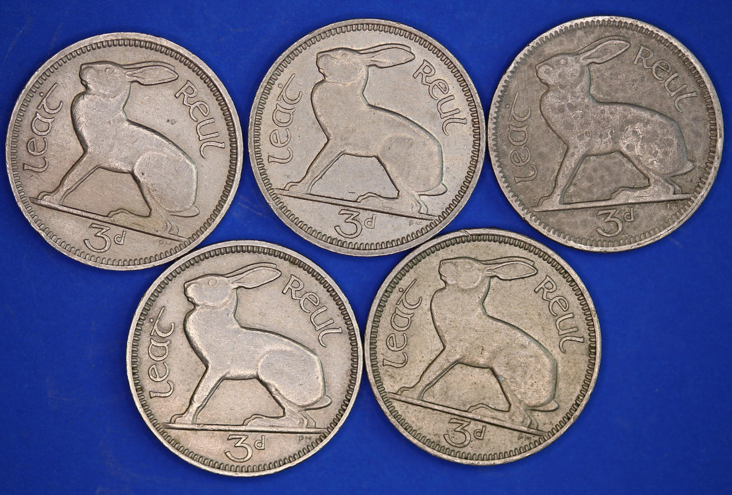 GENUINE 5 Irish Threepences 3d Ireland EIRE, Irish Hare coins, various dates [02/25 31847]