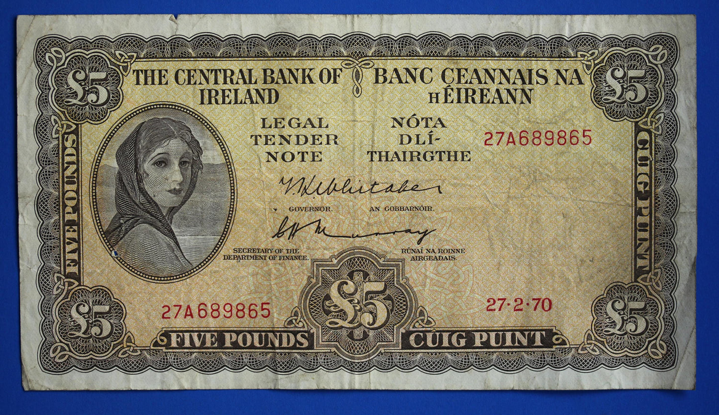 1970 Central Bank of Ireland, Five Pound, Five Punt Irish EIRE Lady Lavery banknote [02/25 31908]