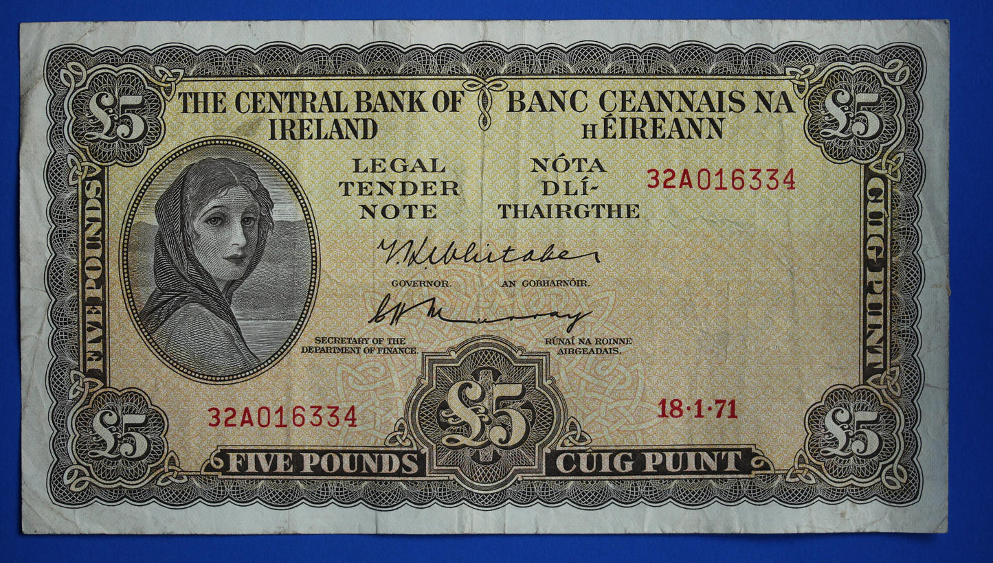 1971 Central Bank of Ireland, Five Pound, Five Punt Irish EIRE Lady Lavery banknote [02/25 31910]