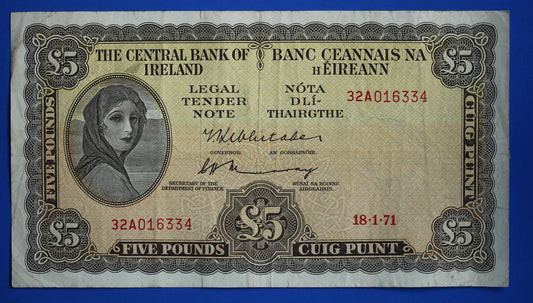 1971 Central Bank of Ireland, Five Pound, Five Punt Irish EIRE Lady Lavery banknote [02/25 31910]