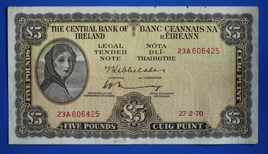 1970 Central Bank of Ireland, Five Pound, Five Punt Irish EIRE Lady Lavery banknote [02/25 31911]