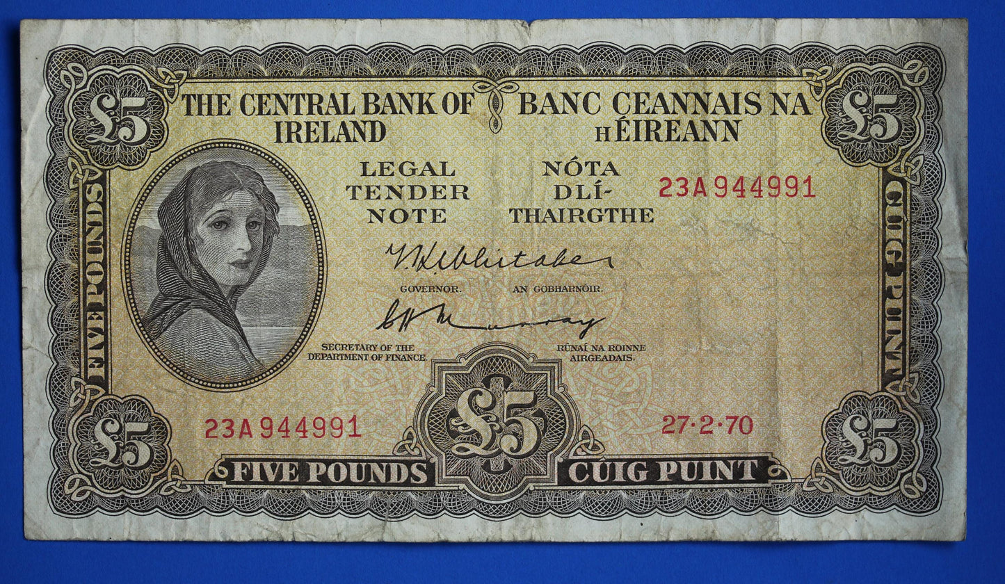 1970 Central Bank of Ireland, Five Pound, Five Punt Irish EIRE Lady Lavery banknote [02/25 31912]