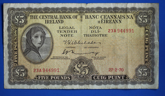 1970 Central Bank of Ireland, Five Pound, Five Punt Irish EIRE Lady Lavery banknote [02/25 31912]