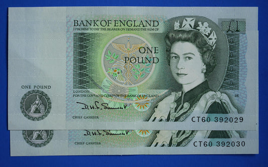 2x 1981 Bank of England One pound 1 pound Somerset Prefix "CT60" banknotes, Elizabeth II, CONSECUTIVE Numbers [09/25 31913]