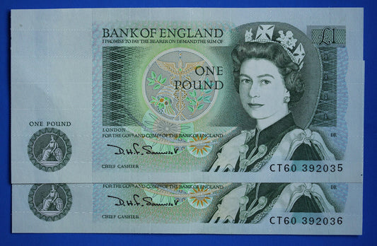 2x 1981 Bank of England One pound 1 pound Somerset Prefix "CT60" banknotes, Elizabeth II, CONSECUTIVE Numbers [09/25 31916]