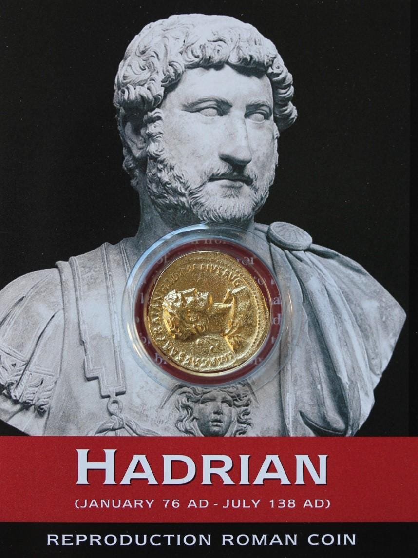 REPRODUCTION Roman coins, Caesar and Hadrian, Aureus and Denarius packs [CAHAD4]