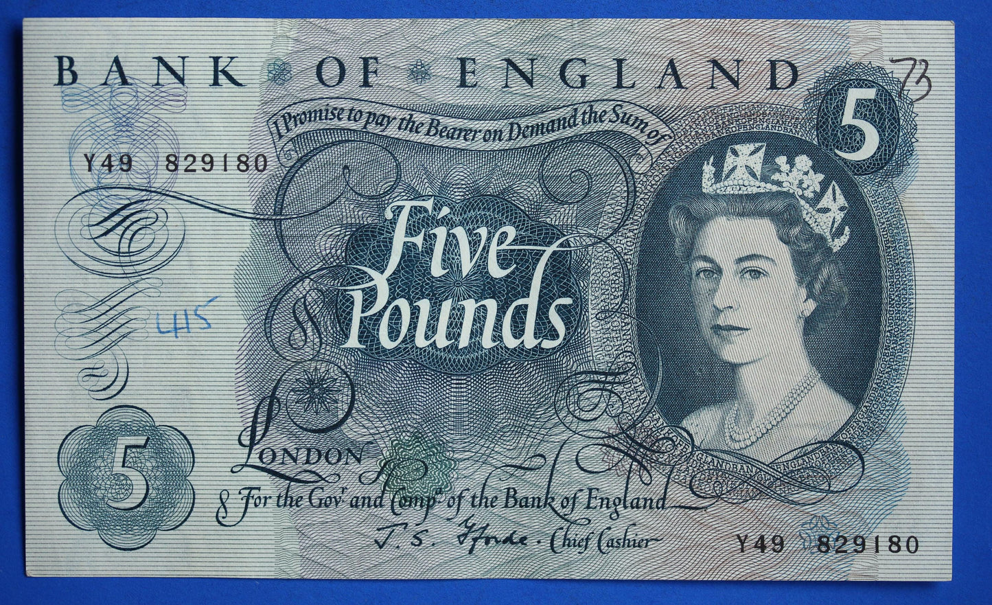 1967 Bank of England Five pound 5 pound, Fforde "Y49" banknote  [02/25 31639]