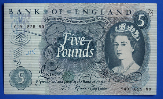 1967 Bank of England Five pound 5 pound, Fforde "Y49" banknote  [02/25 31639]