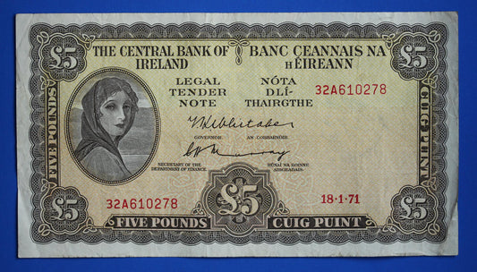 1971 Central Bank of Ireland, Five Pound, Five Punt Irish EIRE Lady Lavery banknote [02/25 31909]