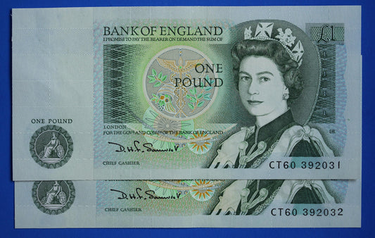2x 1981 Bank of England One pound 1 pound Somerset Prefix "CT60" banknotes, Elizabeth II, CONSECUTIVE Numbers [09/25 31914]