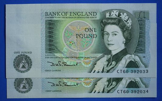 2x 1981 Bank of England One pound 1 pound Somerset Prefix "CT60" banknotes, Elizabeth II, CONSECUTIVE Numbers [09/25 31915]